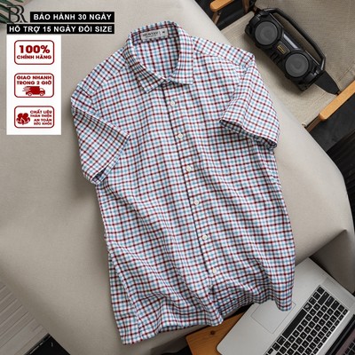 Áo sơ mi Sọc Caro tay ngắn vạt ngang, chất vải cotton mềm mịn thoáng mát, form regular - Bravery