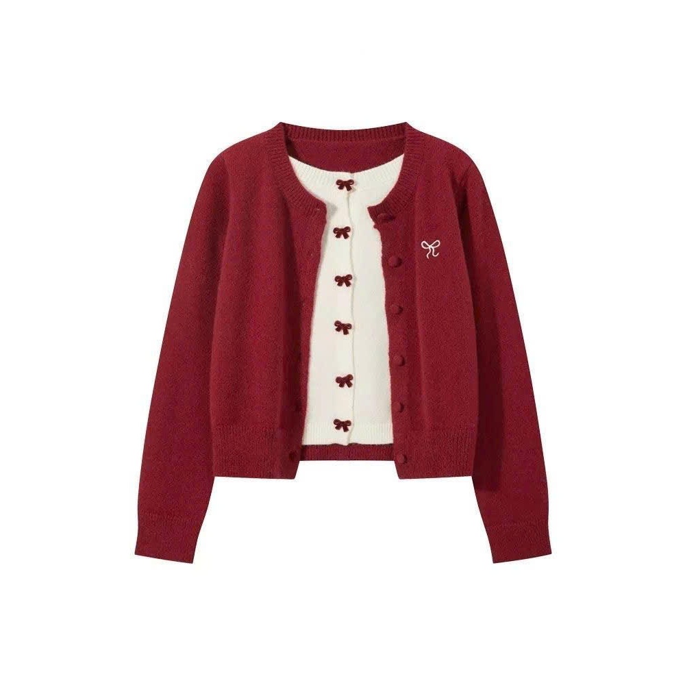 Áo len cardigan nữ dài tay hai lớp cổ tròn thiết kế cúc nơ trắng đỏ phối chữ thêu basic vintage thu 