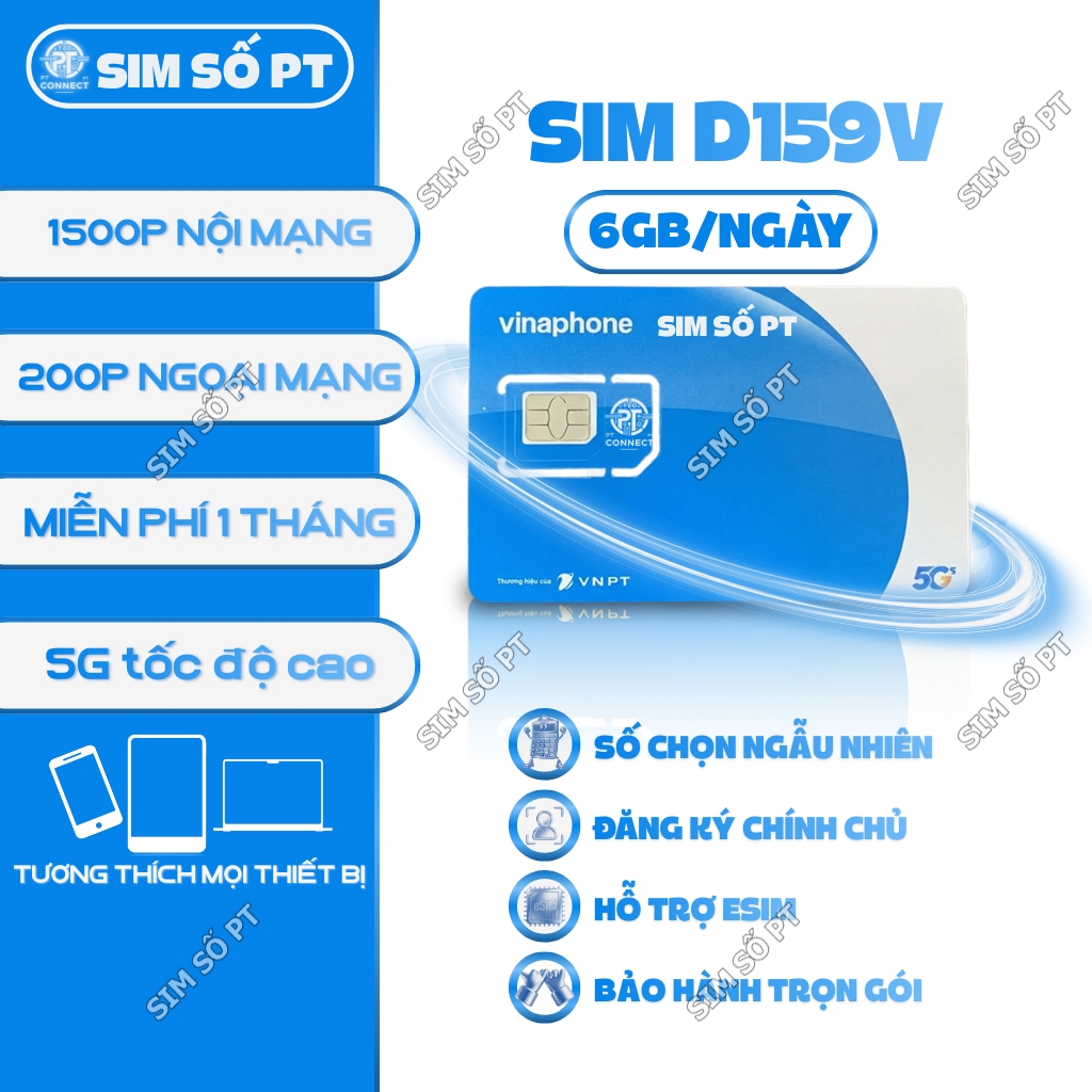 Sim 4G Vinaphone D159V Trọn Gói 1 Tháng 6GB/Ngày Gọi Free – Hỗ Trợ eSIM – Tốc Độ Cao 4G/5G