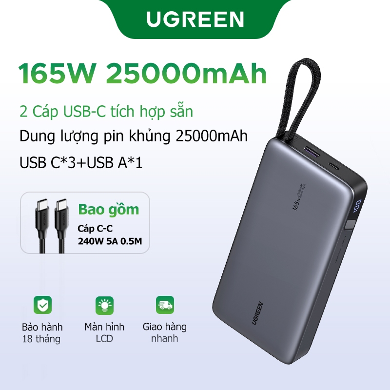 [Tích hợp 2 Type-C] UGREEN 165W 25000mAh Tích hợp 2 Cáp Type-C 4 cổng Sạc nhanh Powerbank cho iPhone