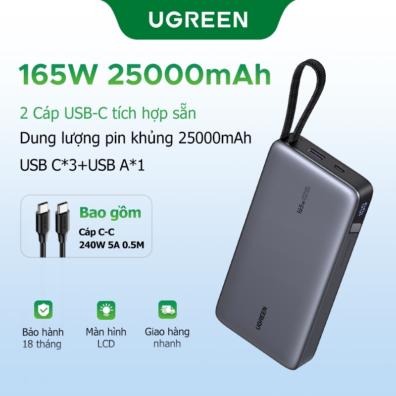 [Tích hợp 2 Type-C] UGREEN 165W 25000mAh Tích hợp 2 Cáp Type-C 4 cổng Sạc nhanh Powerbank cho iPhone