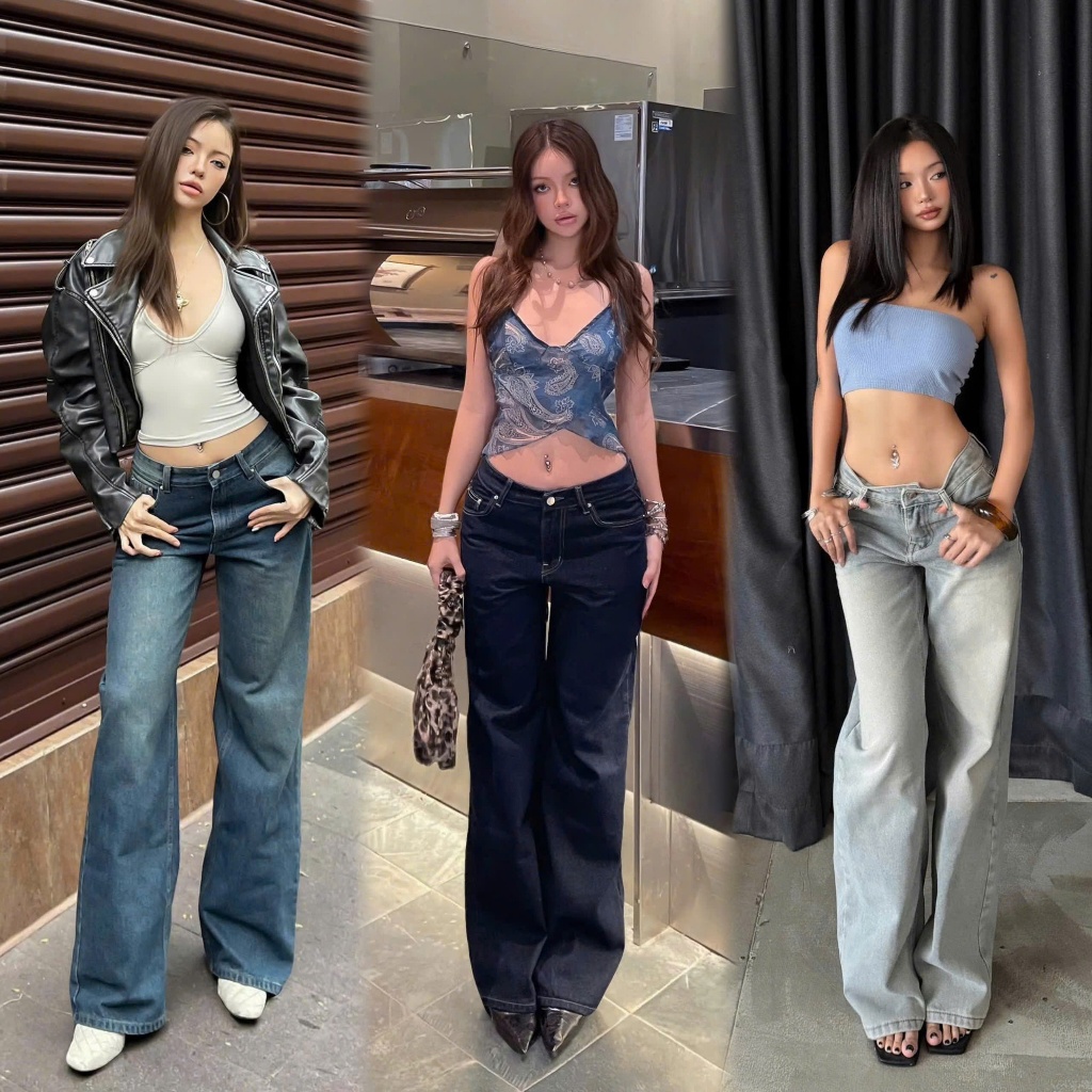 THE QUẠO - Quần Jeans Nữ Lưng Thấp Vừa Ống Rộng 25CM Ba Màu S0410 713