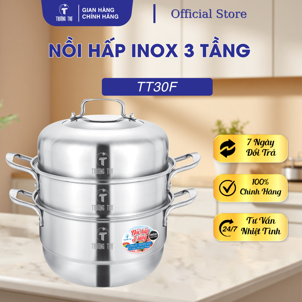 Bộ nồi hấp inox ĐÁY TỪ đa năng 3 tầng TT28F  kích thước 28-30cm -  Trường Thọ - lỗi 1 đổi 1