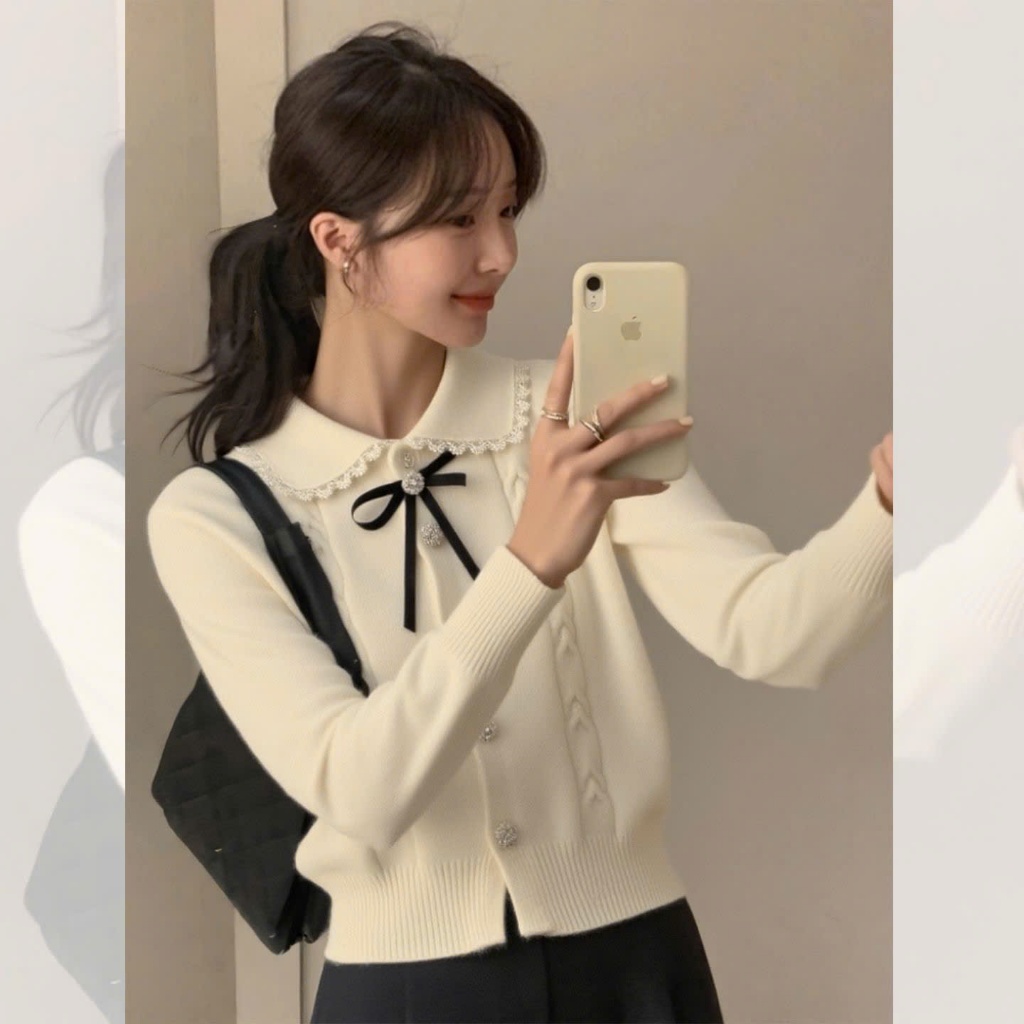 Áo len dệt kim YUMMY phối nơ, áo len có cổ phối ren tiểu thư phong cách Hàn Quốc - AL72 | BigBuy360 - bigbuy360.vn