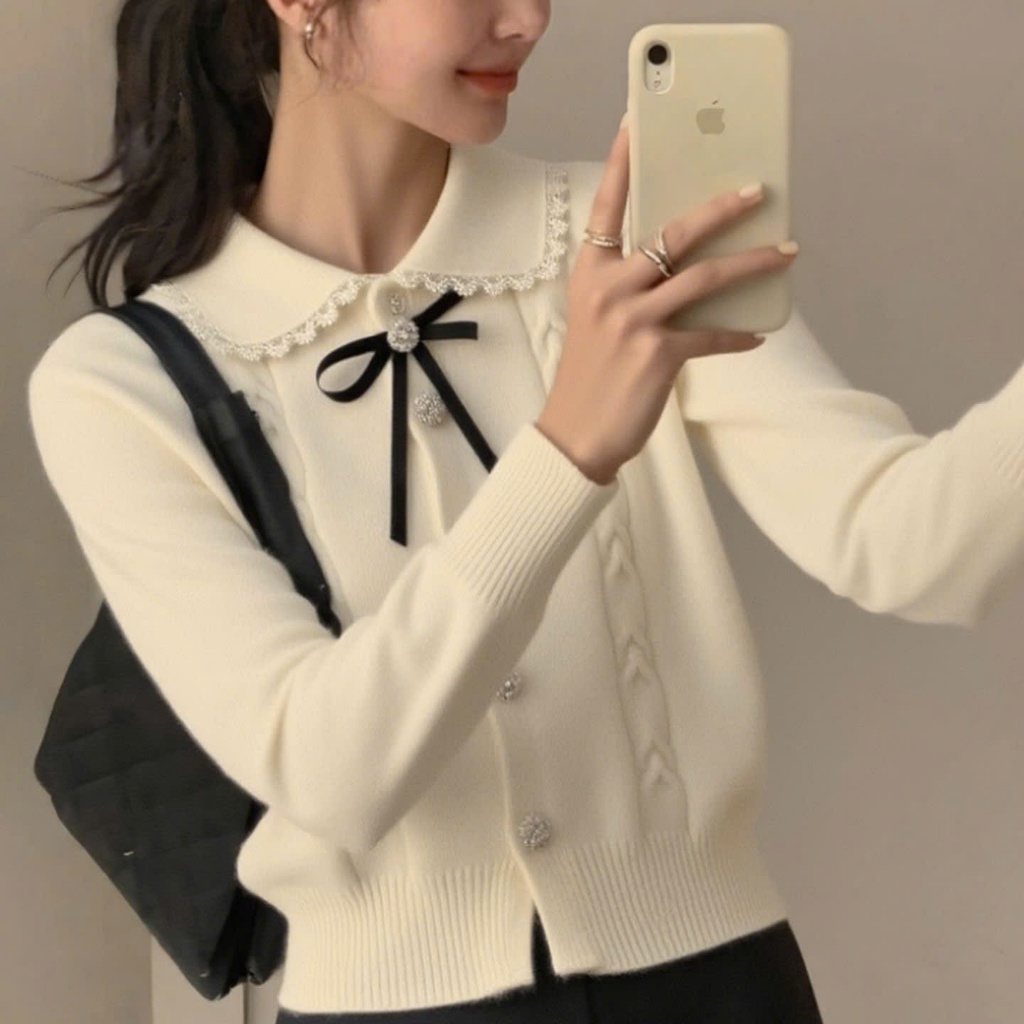 Áo len dệt kim YUMMY phối nơ, áo len có cổ phối ren tiểu thư phong cách Hàn Quốc - AL72 | BigBuy360 - bigbuy360.vn