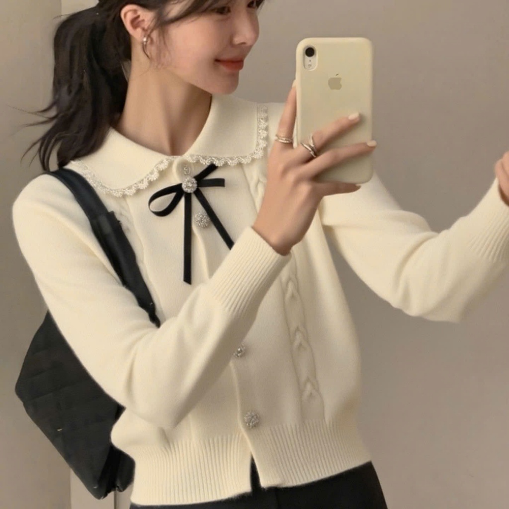 Áo len dệt kim YUMMY phối nơ, áo len có cổ phối ren tiểu thư phong cách Hàn Quốc - AL72 | BigBuy360 - bigbuy360.vn