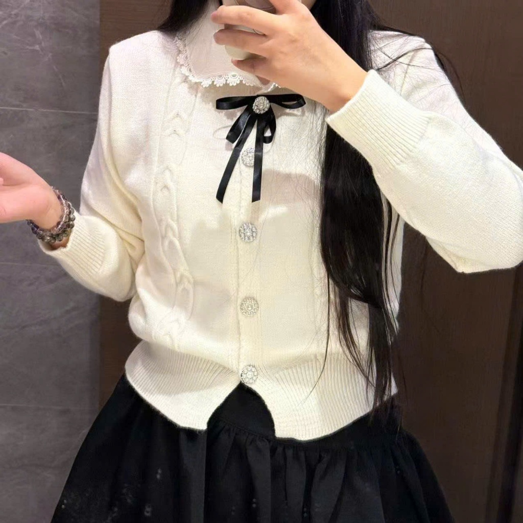Áo len dệt kim YUMMY phối nơ, áo len có cổ phối ren tiểu thư phong cách Hàn Quốc - AL72 | BigBuy360 - bigbuy360.vn