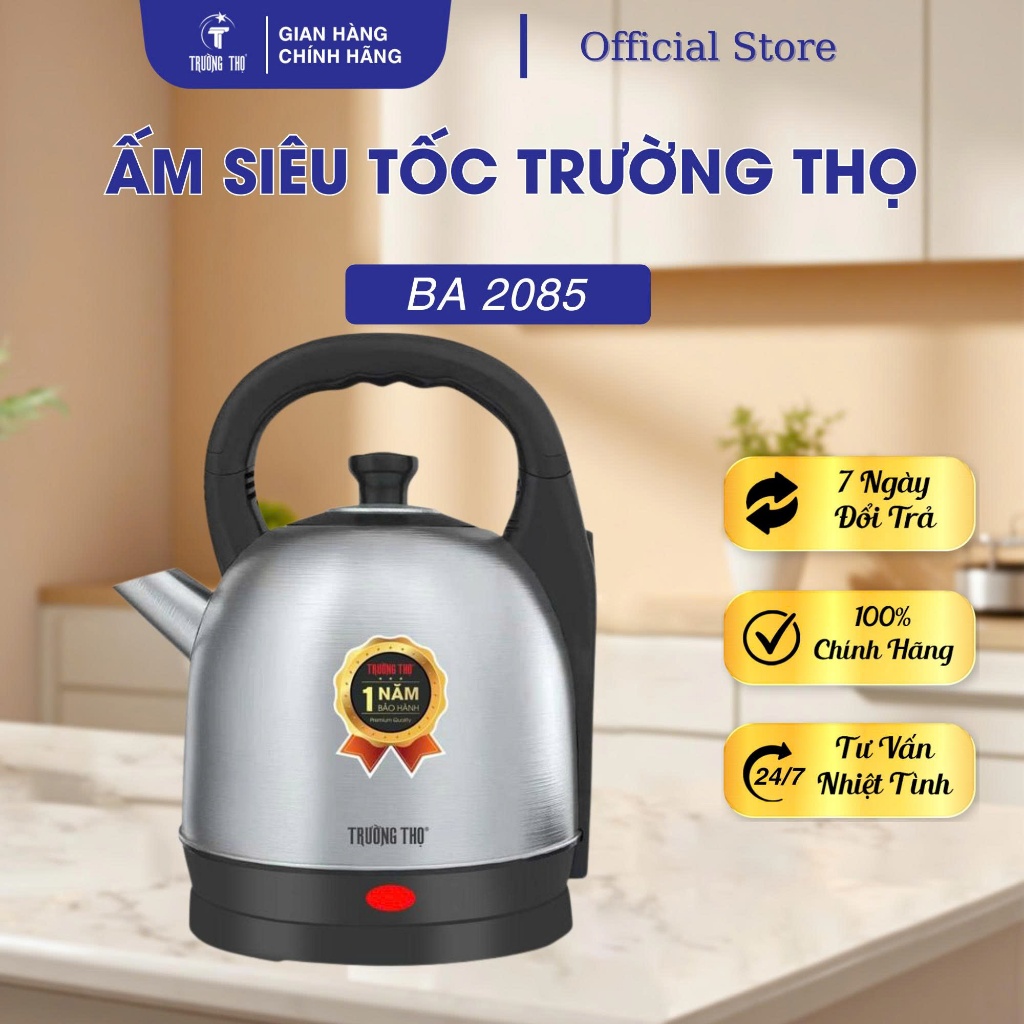 Ấm siêu tốc, siêu điện đế rời Trường Thọ BA 2085 dung tích 3/5L, công suất 1500W, Inox nguyên bản-Bảo hành 12 tháng