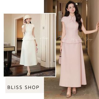   Bản Cao Cấp  Set Thiết Kế Áo Peplum Tay Ngắn Phối Chân Váy Dài Dáng Chữ A Tôn Dáng Thanh Lịch Bliss Shop - S542 