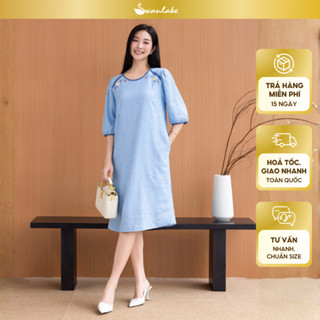  SWANLAKE | Váy Đầm Nữ Suông Cổ Tròn Vải Linen Thêu Hoa Viền Thun Tay Bí Lỡ Có Túi Công Sở D12575 