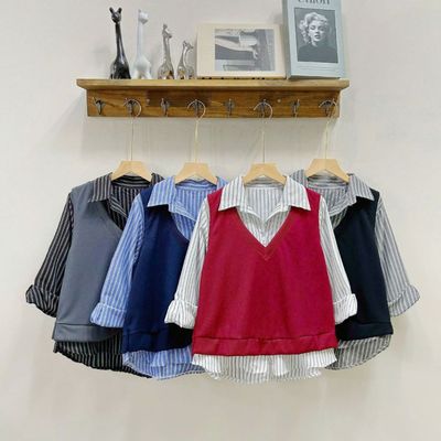 Set Áo Sơ Mi Phối Ghile Bigsize Nữ Somi Tay Dài Kẻ Sọc Kèm Áo Ghi Lê Thun Ruby Cá Tính (A328+A335)