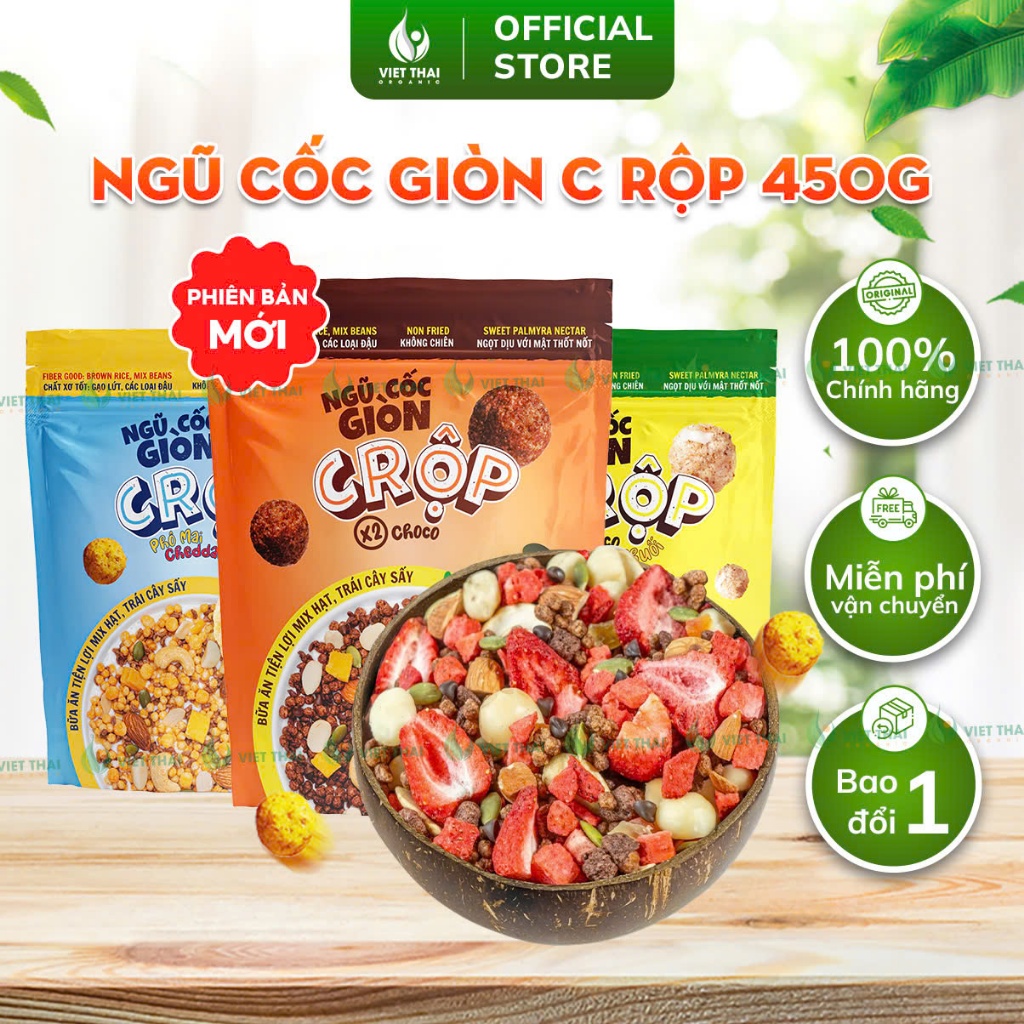 [SIÊU NGON] Ngũ Cốc Giòn C Rộp Granola Gạo Lứt Ăn Sáng Giảm Cân Mix Trái Cây 450G Việt Thái Official