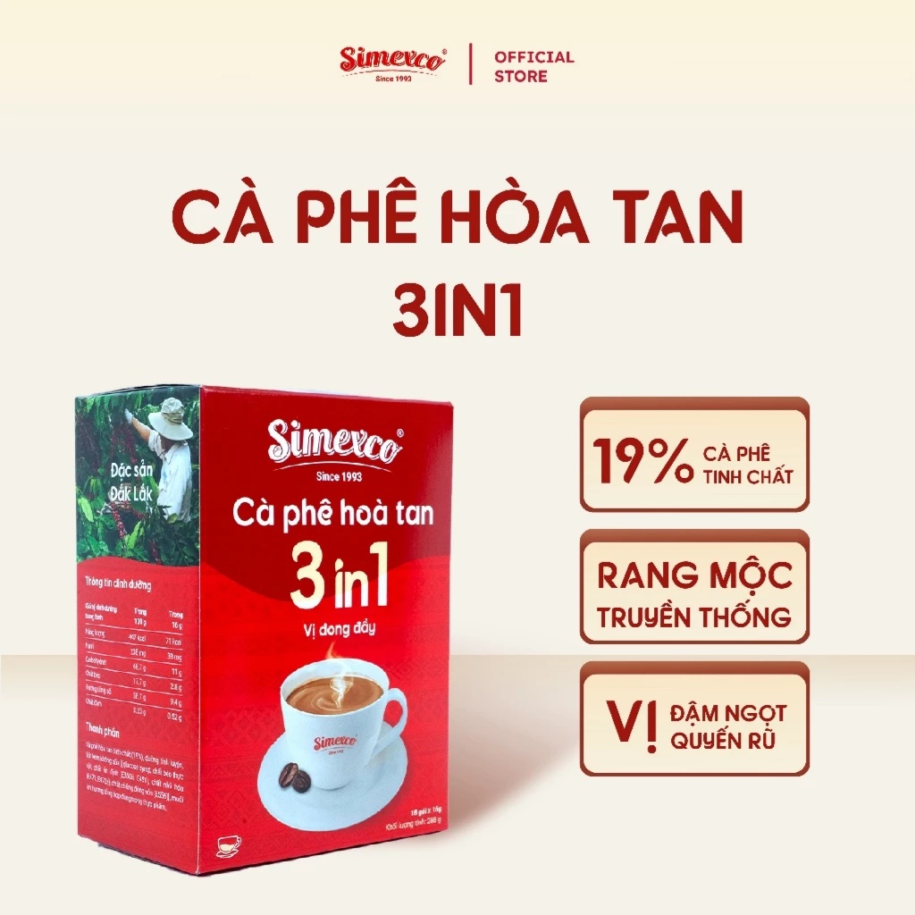 Cà Phê Hòa Tan Simexco 3IN1 Cà phê sữa (18 gói x 16gr)