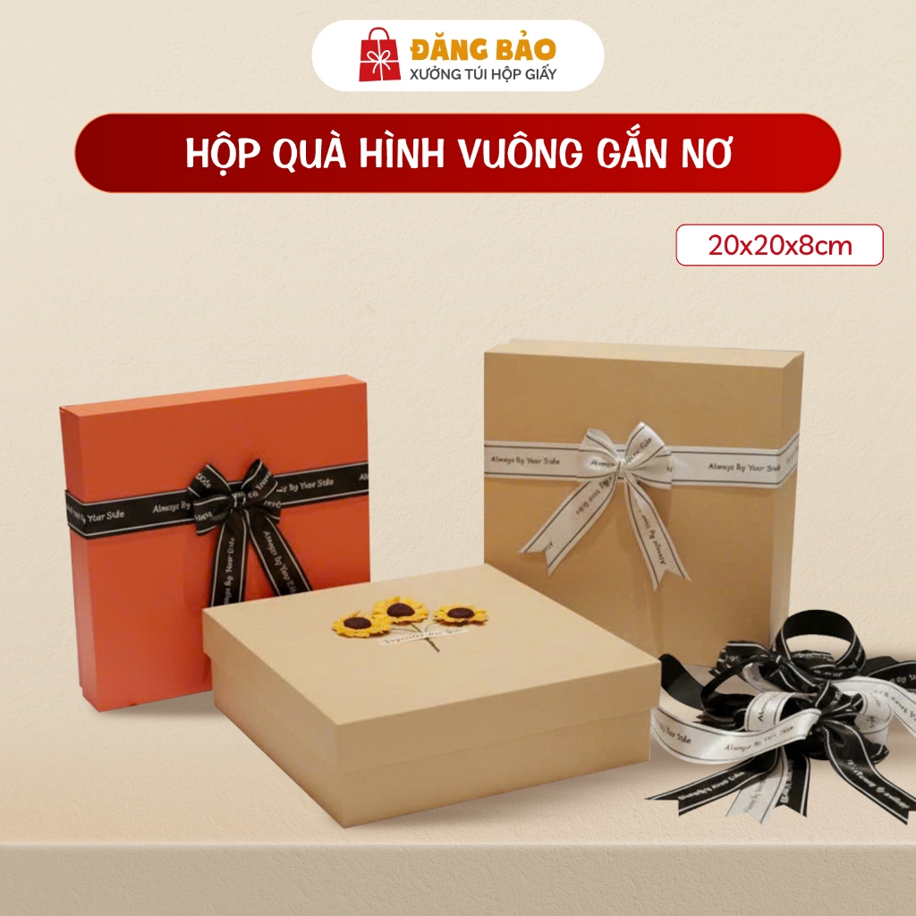 Hộp Quà Tặng Gắn Nơ, Hoa Khô Hình Vuông Nhiều Màu - Quà Sinh Nhật, Kỷ Niệm, Ngày Lễ - Sz 20x20x8 cm