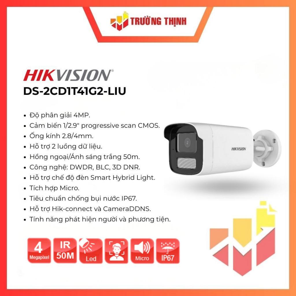Camera thân trụ chống ngược sáng độ phân giải 4MP Hikvision DS-2CD1T41G2-LIU