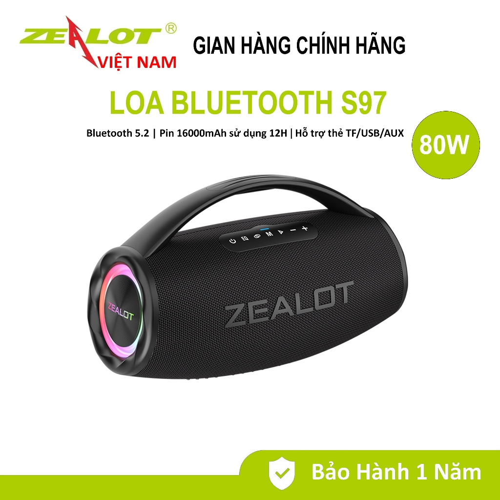 Loa Bluetooth 5.2 Zealot S97 | Công suất 80W | Hỗ trợ thẻ TF/USB/AUX | Chống nước IPX6 | BH 12 Tháng