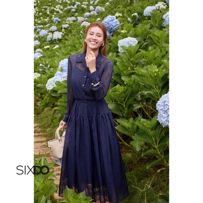 Chân váy nữ xòe tơ họa tiết SIXDO (Dark Navy Organza Flared Skirt)