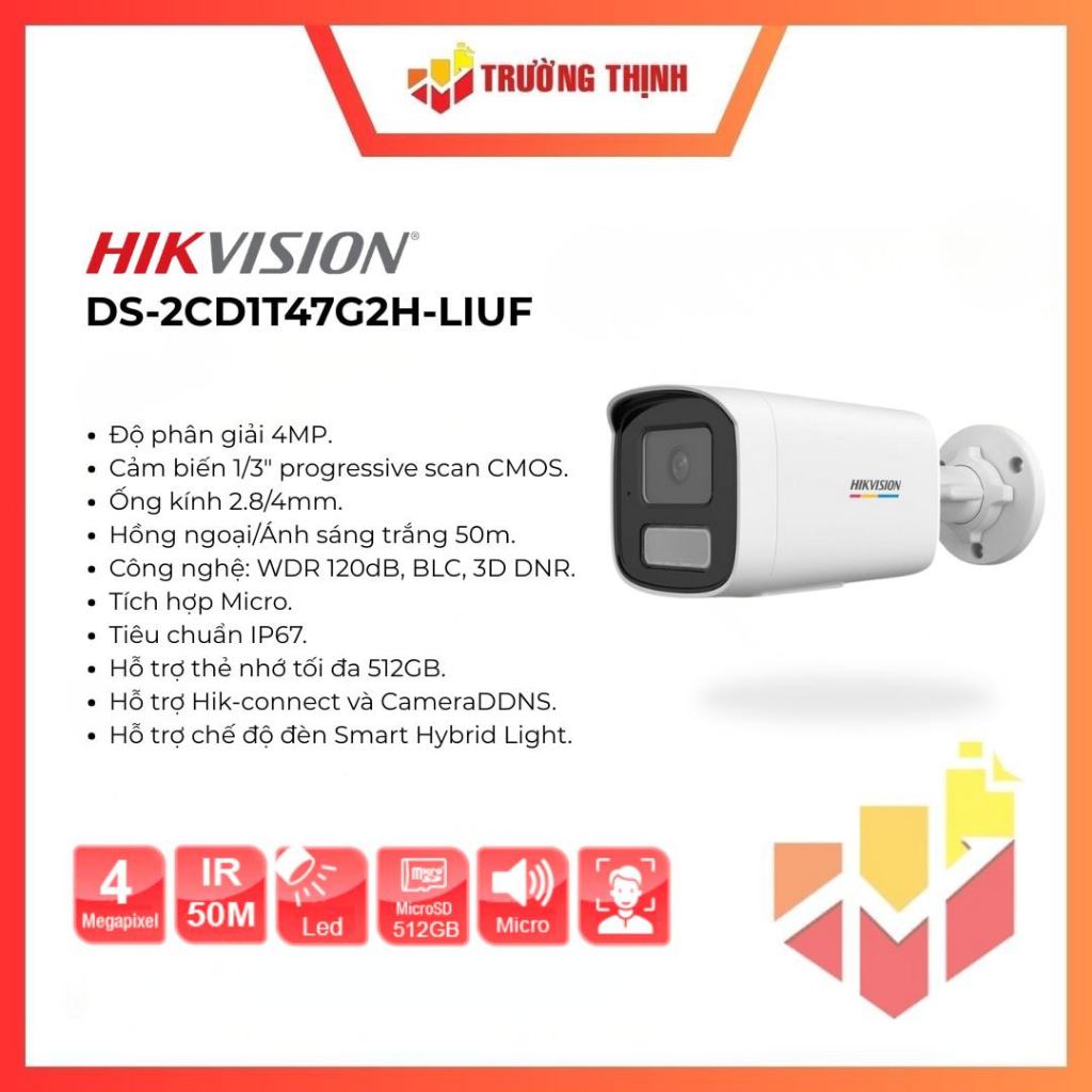 Camera ngoài trời ghi hình có màu ngày đêm thân trụ IP 4MP ColorVu Hikvision DS-2CD1T47G2H-LIUF