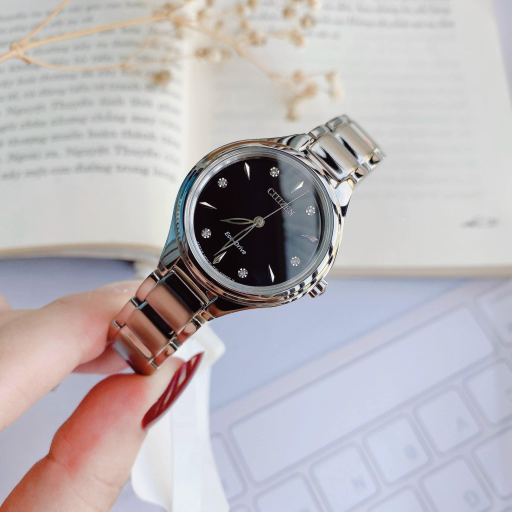 Citizen - Đồng hồ Citizen FE2100-51E nữ, dây bạc, mặt đen - Size 29mm