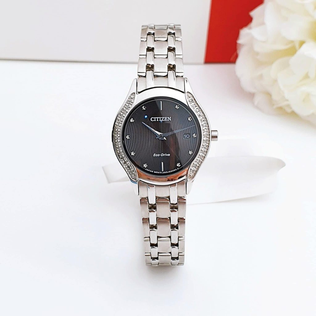 Citizen - Đồng hồ Citizen GA1060-57E dây bạc mặt đen GA1060-57E (size 27mm)