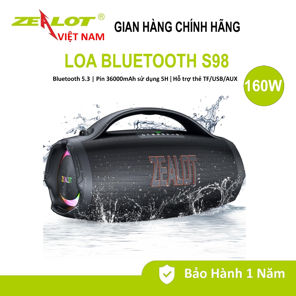 Loa Bluetooth di động ZEALOT S98 | Công Suất 160W | Chống Nước IPX6, Hỗ Trợ EQ/USB/Thẻ TF/AUX 3.5MM