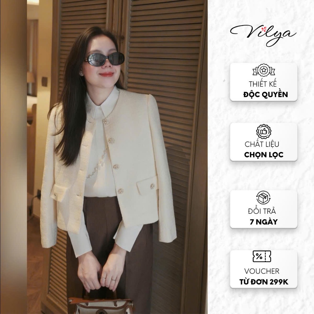 Áo dạ tweed nữ 2 lớp dày dặn sang trọng, áo khoác dạ tweed VILYA cổ tròn phối cúc đính cao cấp