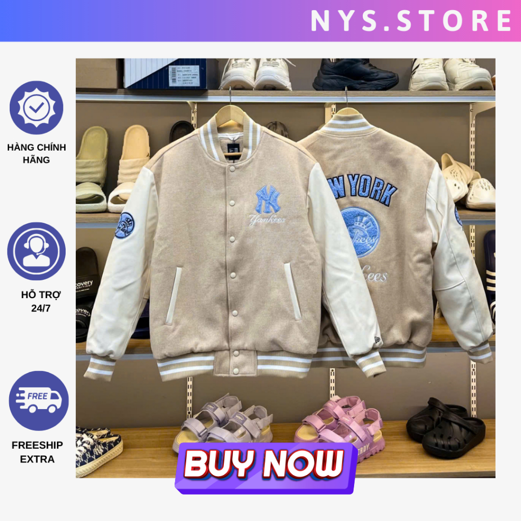 [CHÍNH HÃNG] Áo bomber New Era NY Yankees bomber da mới màu be full thêu xù  phong cách Hàn Quốc Uni