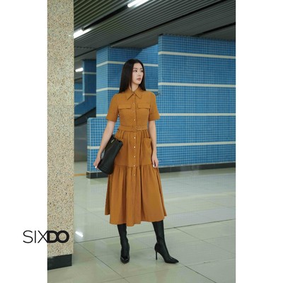 Đầm sơ mi xòe ngắn tay phối cúc SIXDO (Ochre Raw Flared Dress)