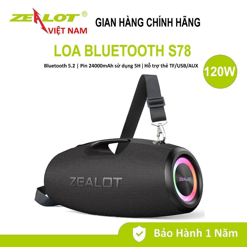 Loa Bluetooth 5.2 Zealot S78 | Công suất 120W | Hỗ trợ thẻ TF/USB/AUX | Chống nước IPX6 |BH 12 Tháng