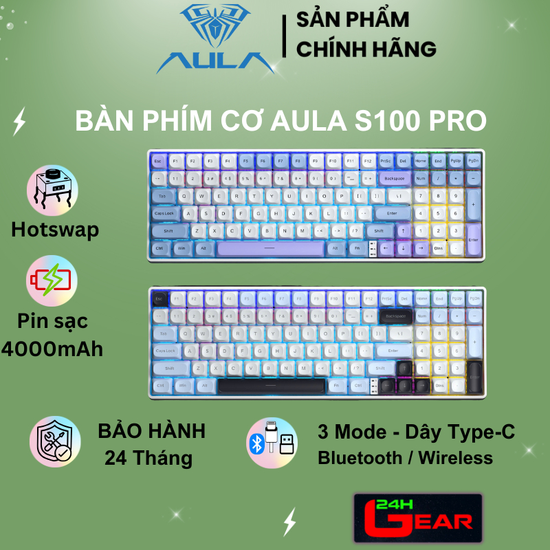 Bàn phím cơ AULA S100 PRO (3 Mode kết nối - Hotswap - Led Rainbow)