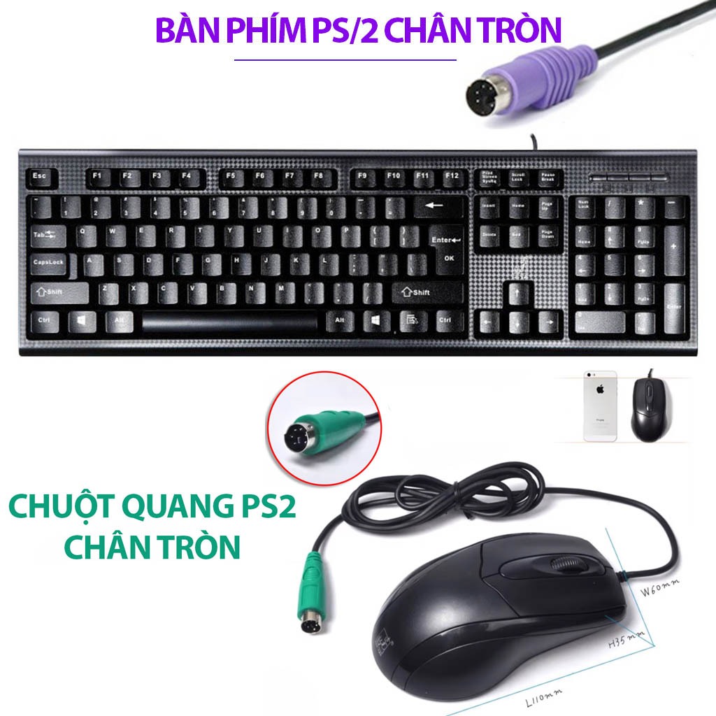 Combo bộ chuột, bàn phím chân tròn PS2 cho máy tính PC, đồng bộ DELL HP Lenovo, máy tính công nghiệp