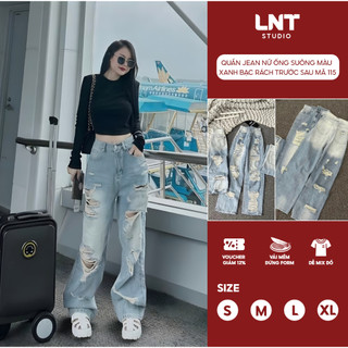  Quần Jean Nữ Ống Suông Rộng Lưng cao Dài 100cm  S-XXL  màu Xanh bạc rách trước sau Mã 115 - LNT JEAN 