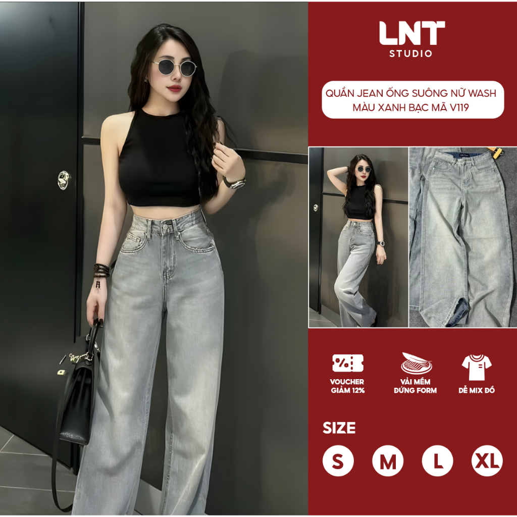 Quần jean nữ, quần bò suông trơn cạp cao tôn dáng màu xanh bạc dài 100cm size S-2XL mã v119 LNT JEAN