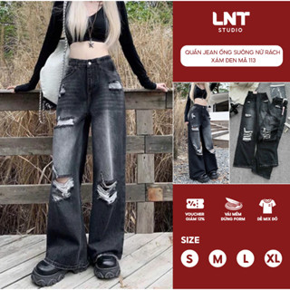  Quần Jean ống suông nữ cạp cao dài 100cm  S-XL  quần bò rách xám đen thời trang mã 113 LNT JEAN 