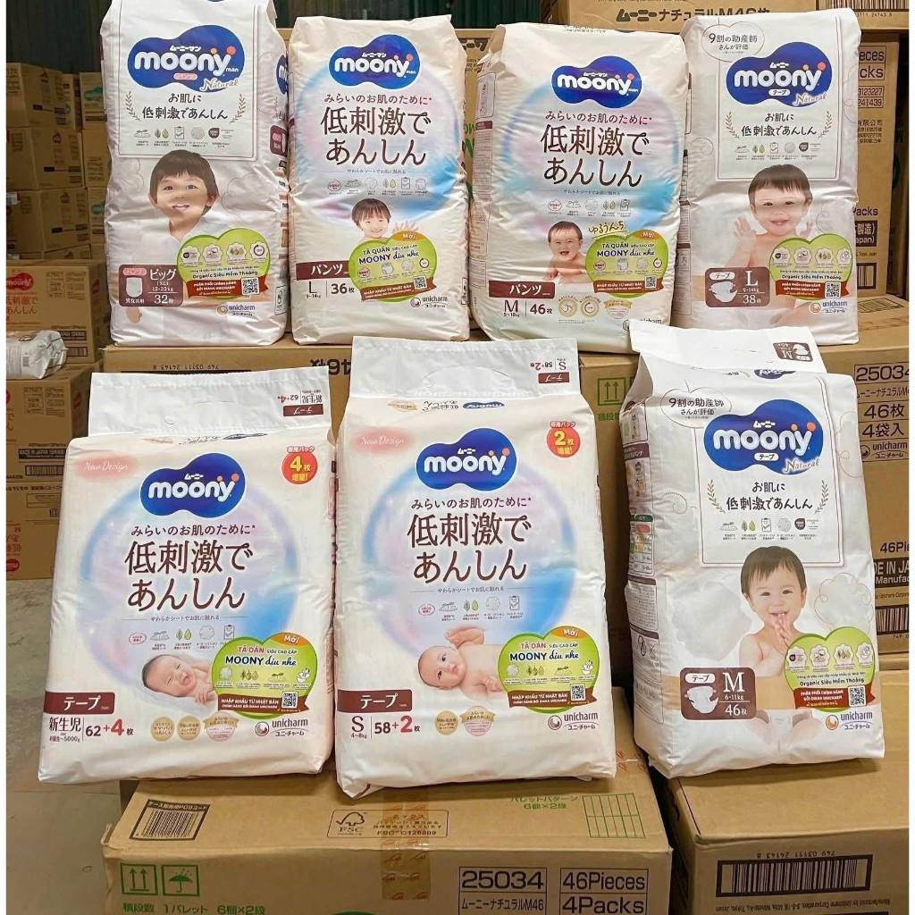 Bỉm Moony Natural Chính Hãng - Bỉm Moony Dán/Quần Đủ Size NB63/S58/M48/L36/XL32