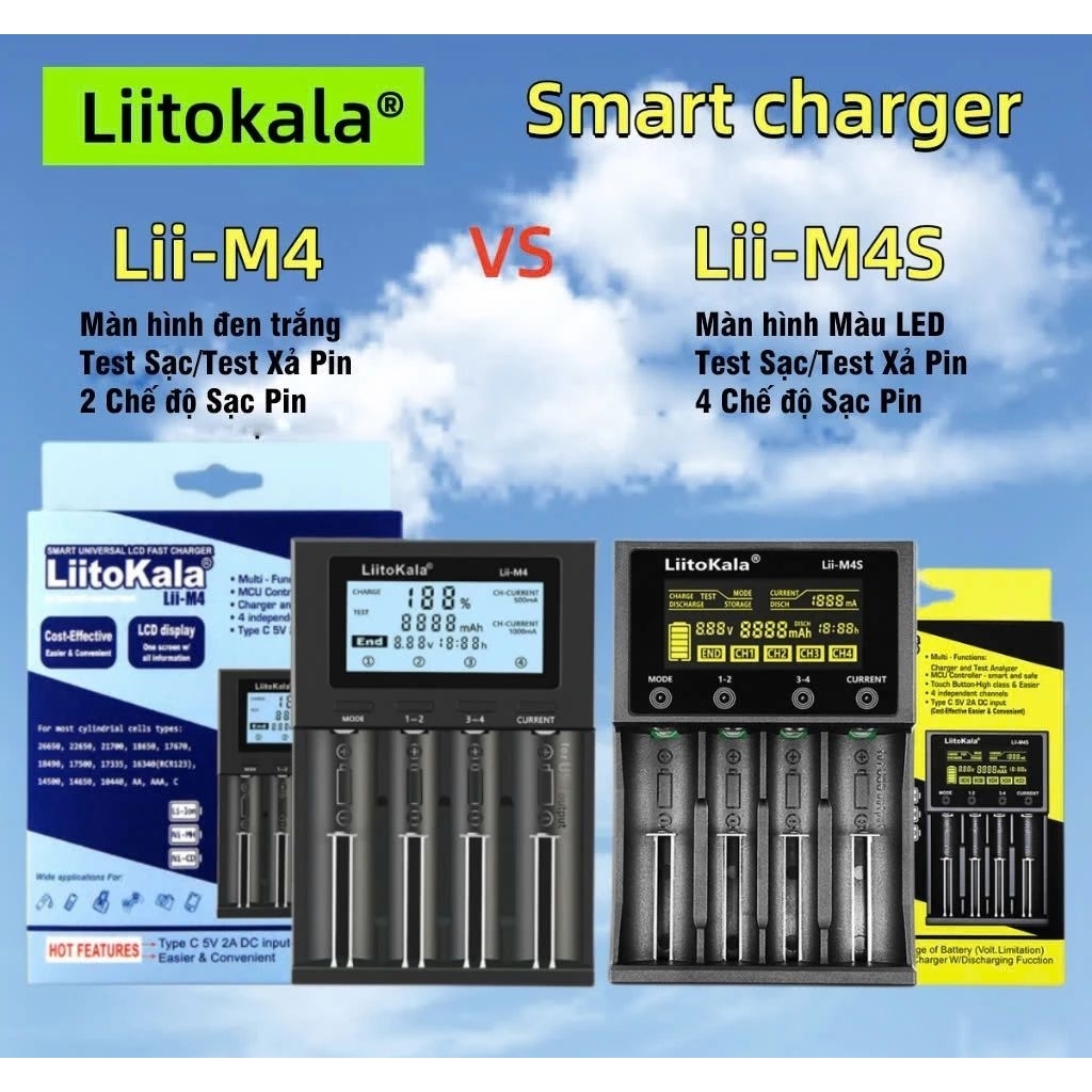 Liitokala Lii M4, M4S bộ sạc và test dung lượng pin