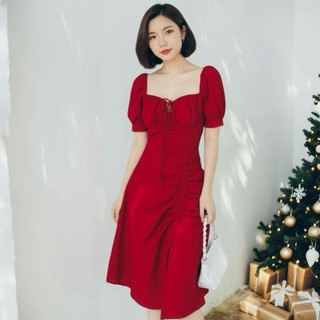 Đầm dự tiệc màu đỏ cổ vuông tùng rút, váy noel, váy tết(kèm hình thật)