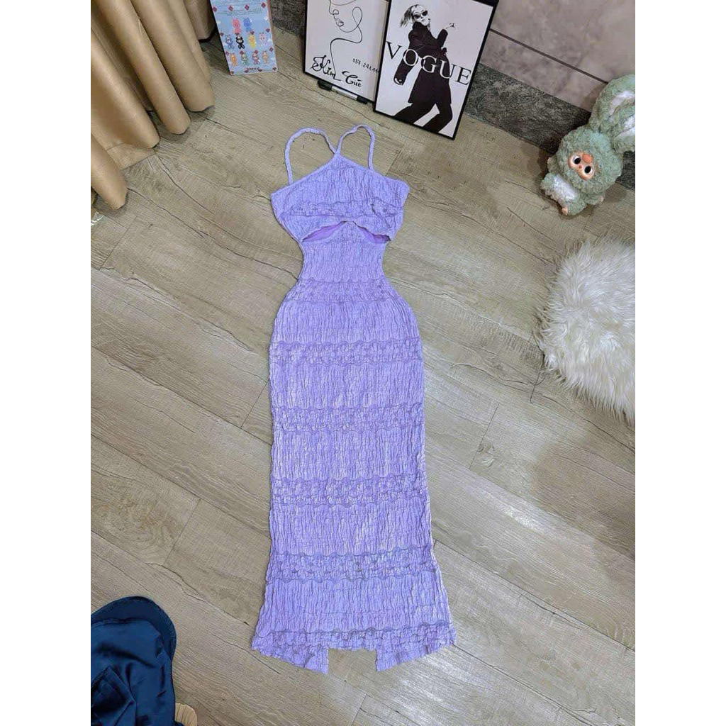 đầm body tím sexy cổ yếm