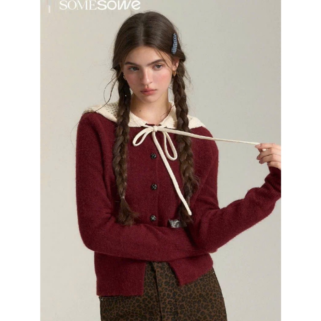 Áo len cardigan nữ phối mũ đội đầu lưới 3 màu dài tay form ôm thiết kế tiểu thư basic vintage tối gi