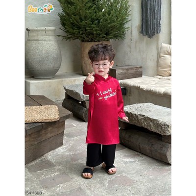 Set áo dài lạc hồng cho bé trai Beemo vải lụa mềm mặc tết, sự kiện cho bé trai từ 9-24kg 5411SDB
