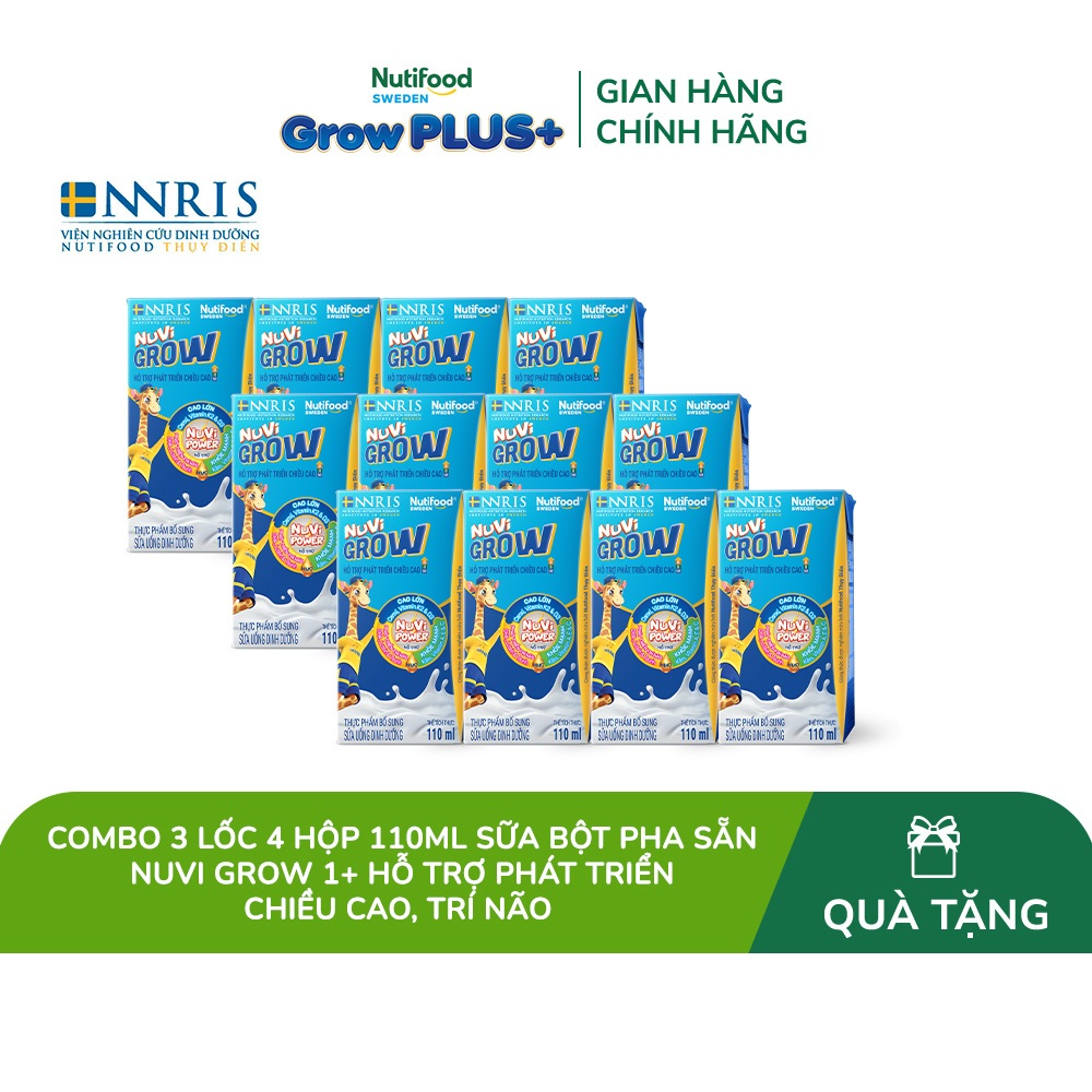 [Gift] Combo 3 Lốc 4 hộp 110ml Sữa bột pha sẵn Nuvi Grow 1+ hỗ trợ phát triển chiều cao, trí não