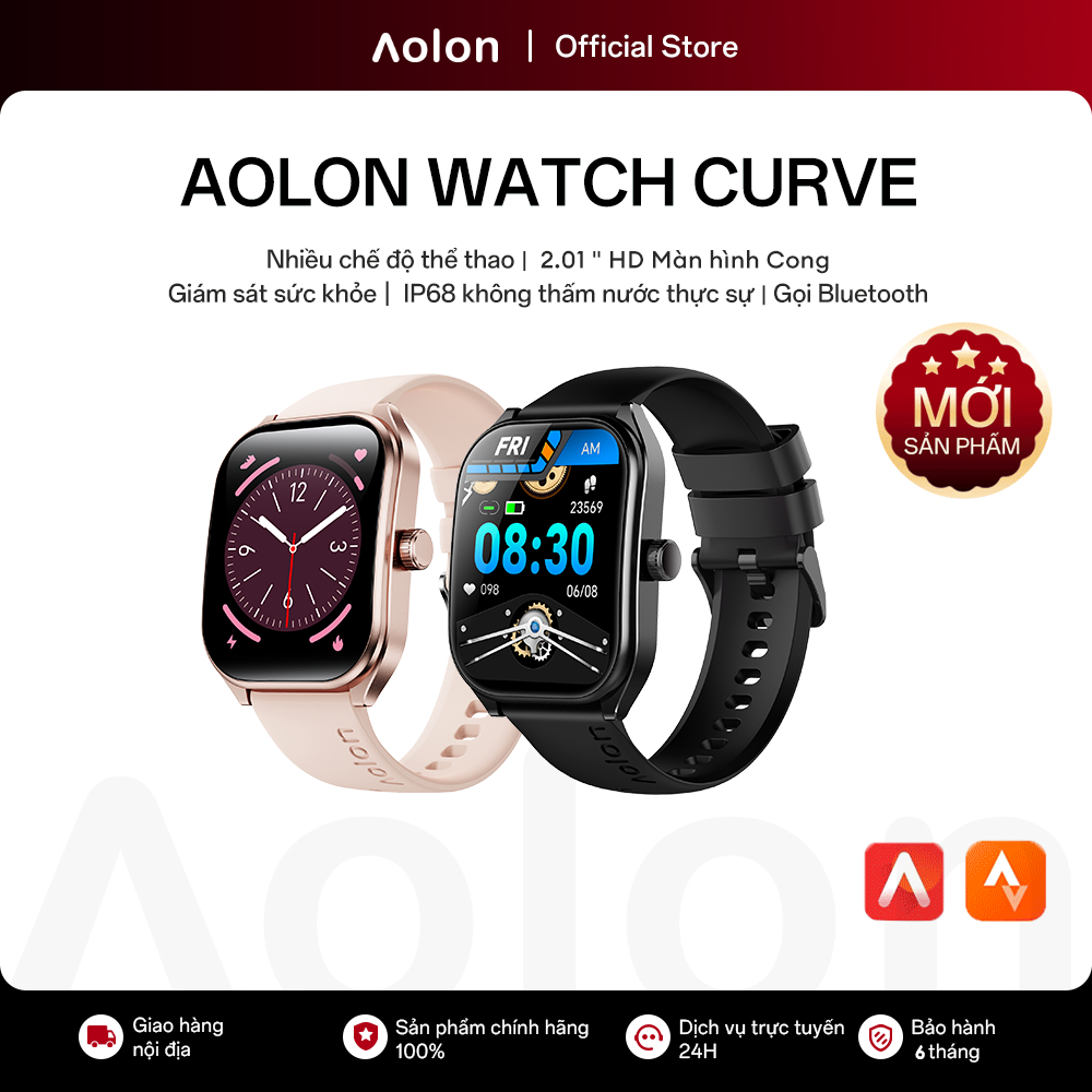 Aolon Curve Đồng hồ thông minh, Màn hình cong IPS 2.01 inch, IP68, Gọi Bluetooth, Theo dõi Running P