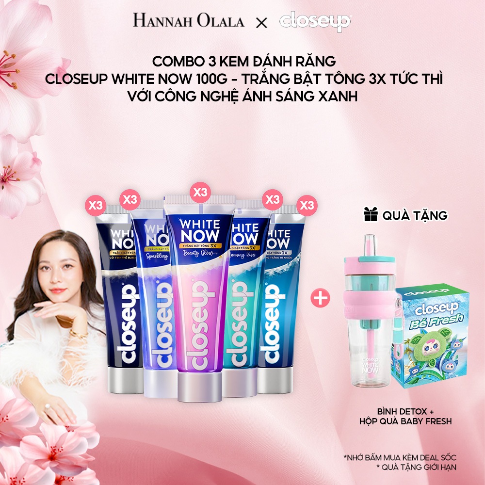   HANNAH OLALA  Combo 3 Kem đánh răng Closeup White Now - Trắng Bật Tông 3X TỨC THÌ với Công nghệ Ánh Sáng Xanh 100g 