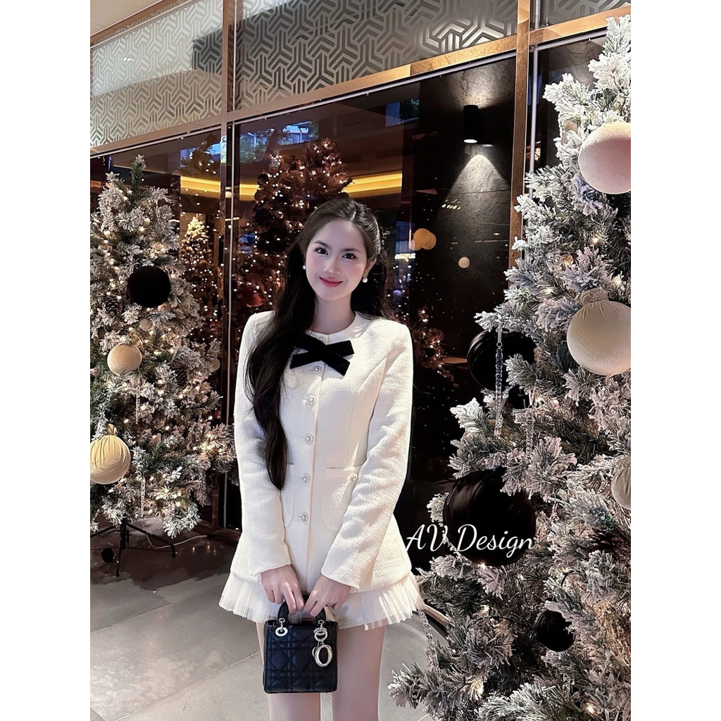 Váy nữ , Đầm dự tiệc sang chảnh Áo Dạ Kim Sa Phối Nơ Nhung Chân Váy Lưới Chuẩn Form Mẫu mặc Kèm Ảnh 