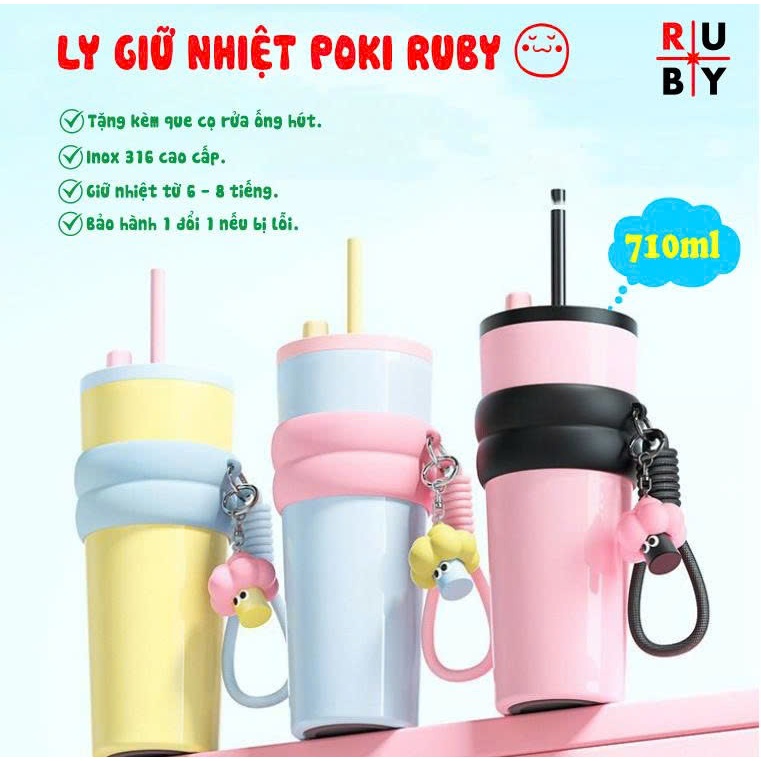 Ly giữ nhiệt PoKi Ruby 710ml, inox316 an toàn, có ống hút kèm nắp đậy ống hút tiện lợi, nhiều màu