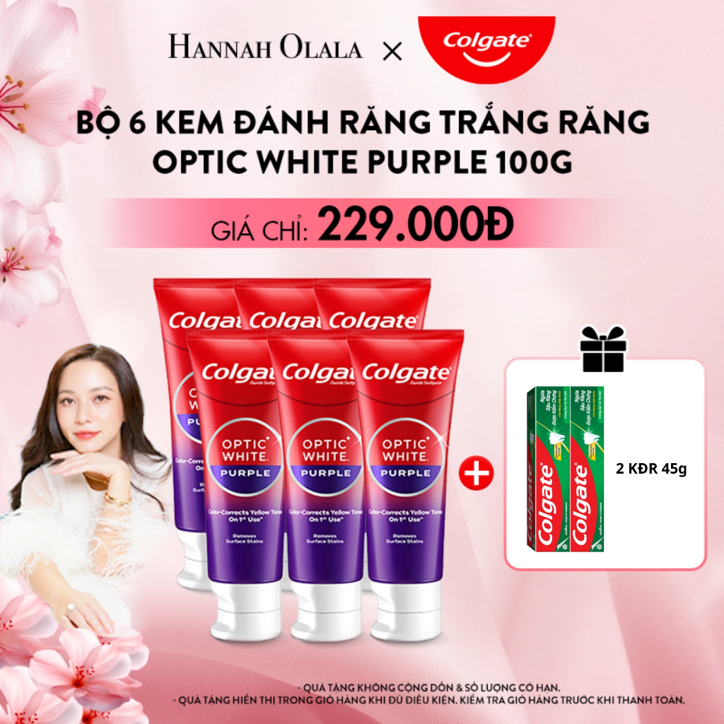   Hannah Olala x Colgate  Bộ 6 Kem Đánh Răng Colgate Optic White Purple 100g - công nghệ sắc tím hiệu chỉnh sắc vàng 