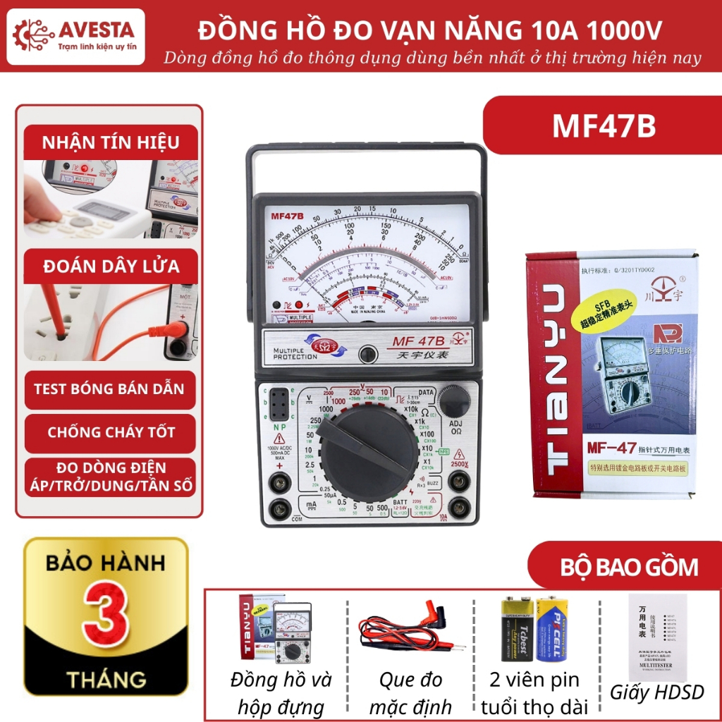 Đồng hồ MF47B vạn năng cơ kim 10A 1000V kiểm tra tín hiệu hồng ngoại hiệu suất vượt trội Avesta