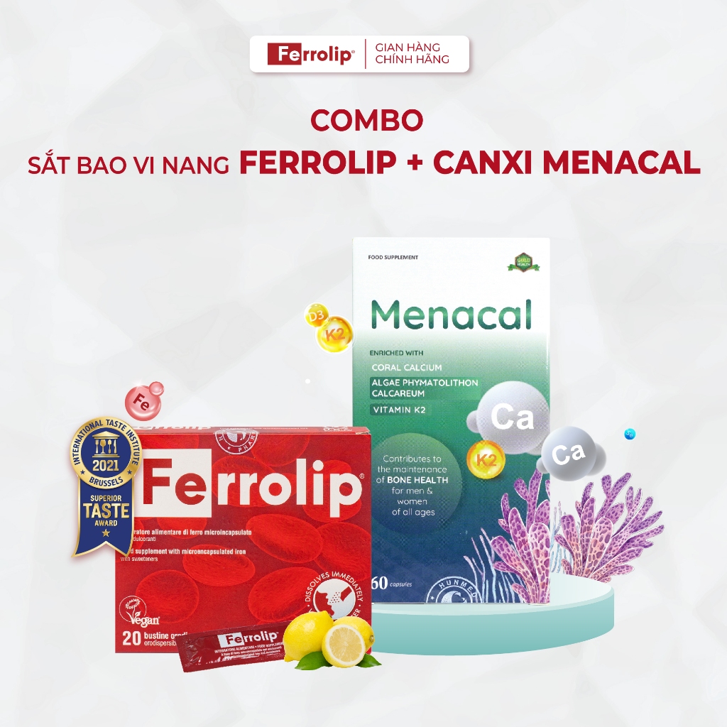 Combo sắt Ferrolip + canxi EU Menacal - Bộ đôi bổ sung sắt, canxi cho mẹ bầu, mẹ sau sinh