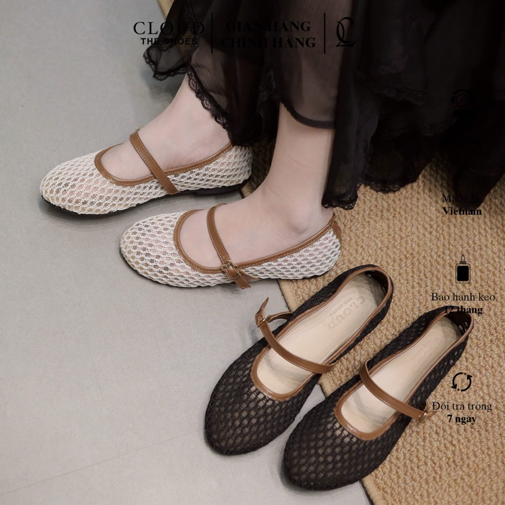 Giày búp bê CL mũi tròn vải ren hoa quai ngang nơ
