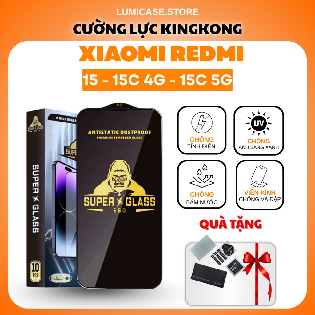 Kính cường lực cho REDMI 15, 15C 4G, 15C 5G Kingkong cao cấp full màn hình, chống xước, chịu lực tốt